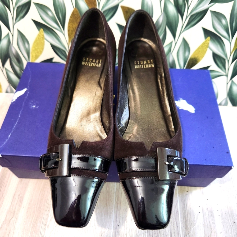 Stuart Weitzman Brown Suede Patent Cap Toe Buckle Pumps 6 Low Block Heel Classic